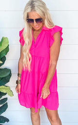 Tiered Dress w/ Ruffle Sleeve - Hot Pink | FINAL SALE
