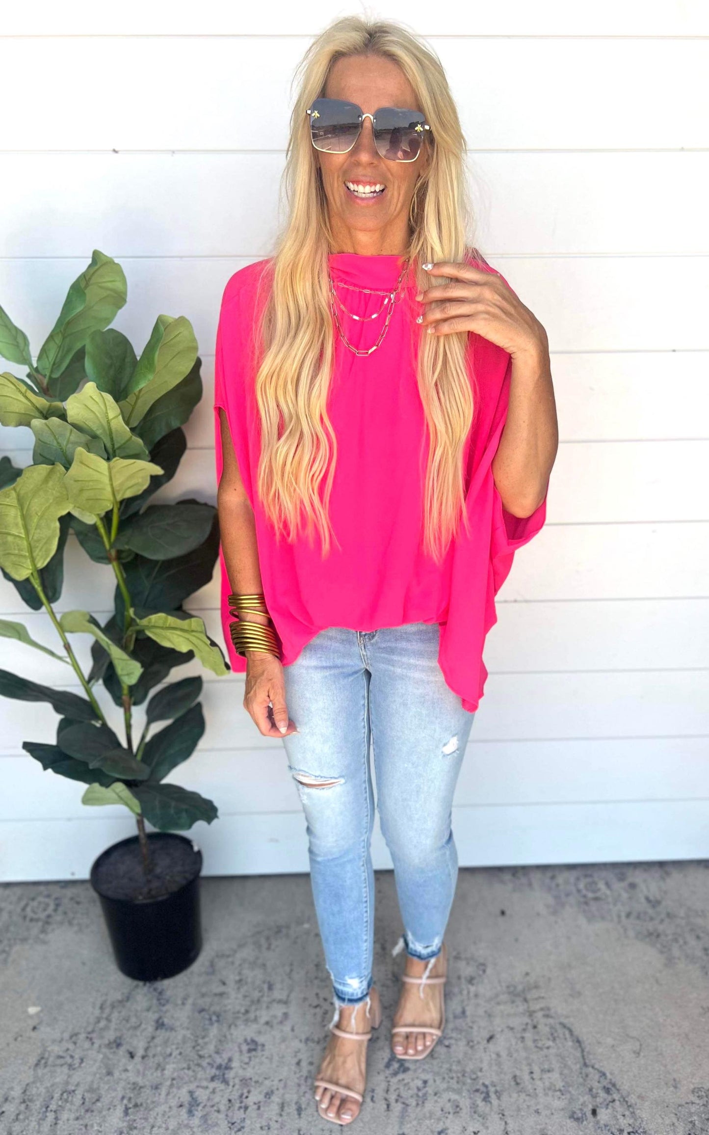 Hot Pink Textured Solid Mock Neck Caftan Top