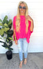 Hot Pink Textured Solid Mock Neck Caftan Top