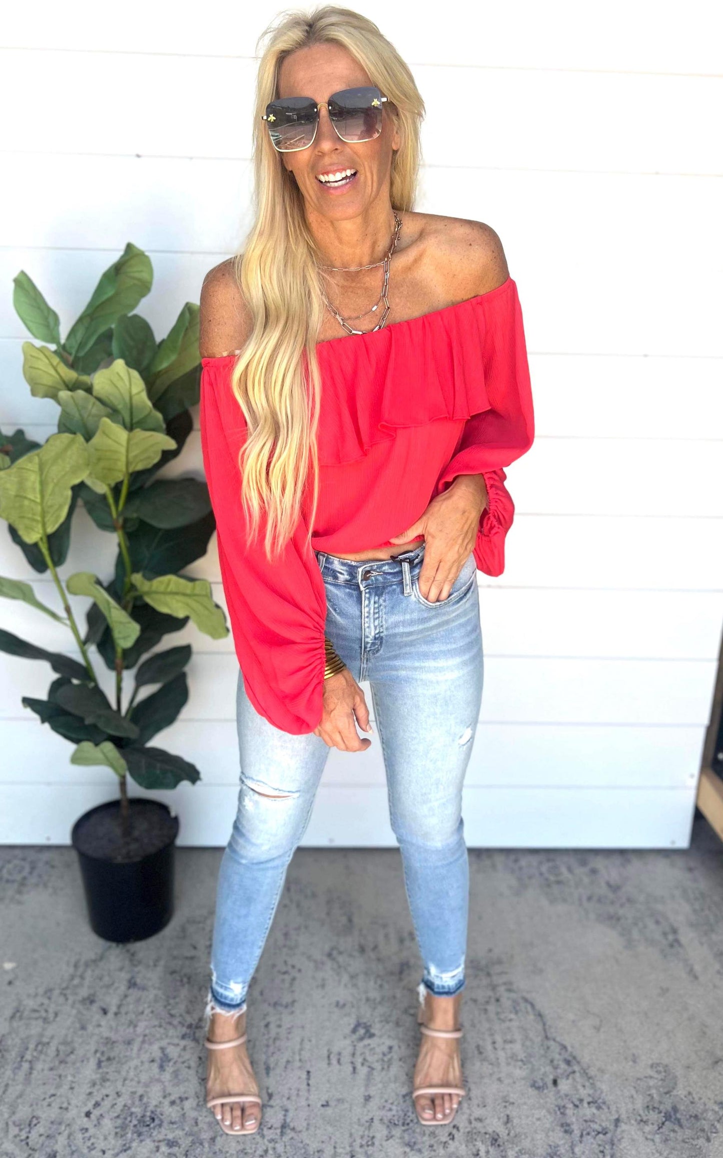 Crinkle Solid Off Shoulder Balloon Top - Final Sale