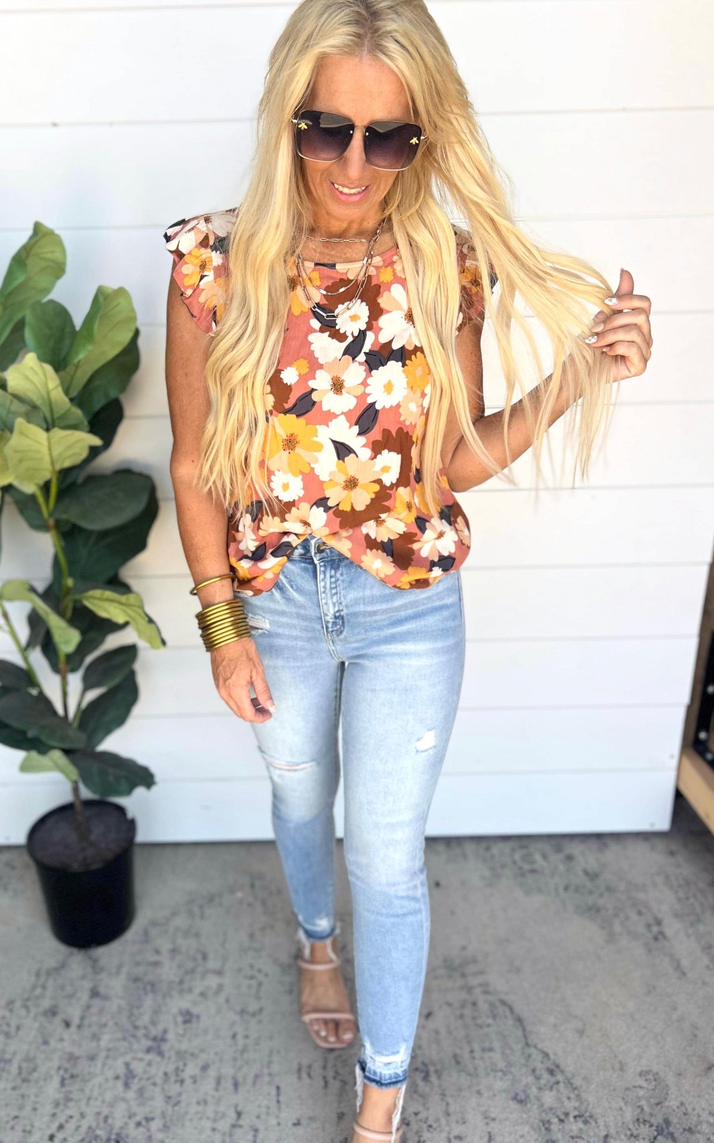 Floral Sleeveless Top w/ Ruffle Sleeves