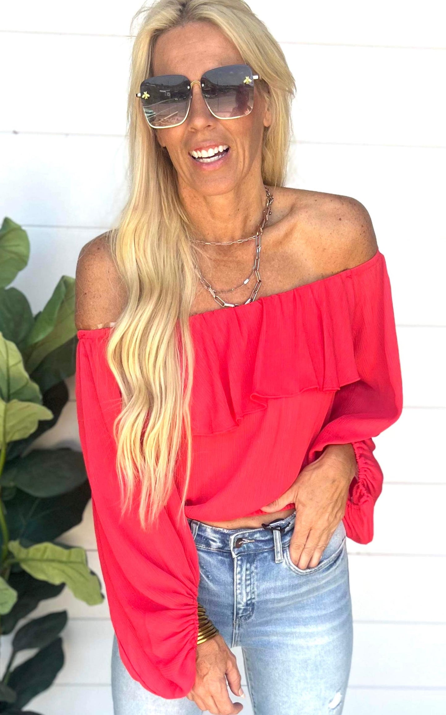 Crinkle Solid Off Shoulder Balloon Top - Final Sale