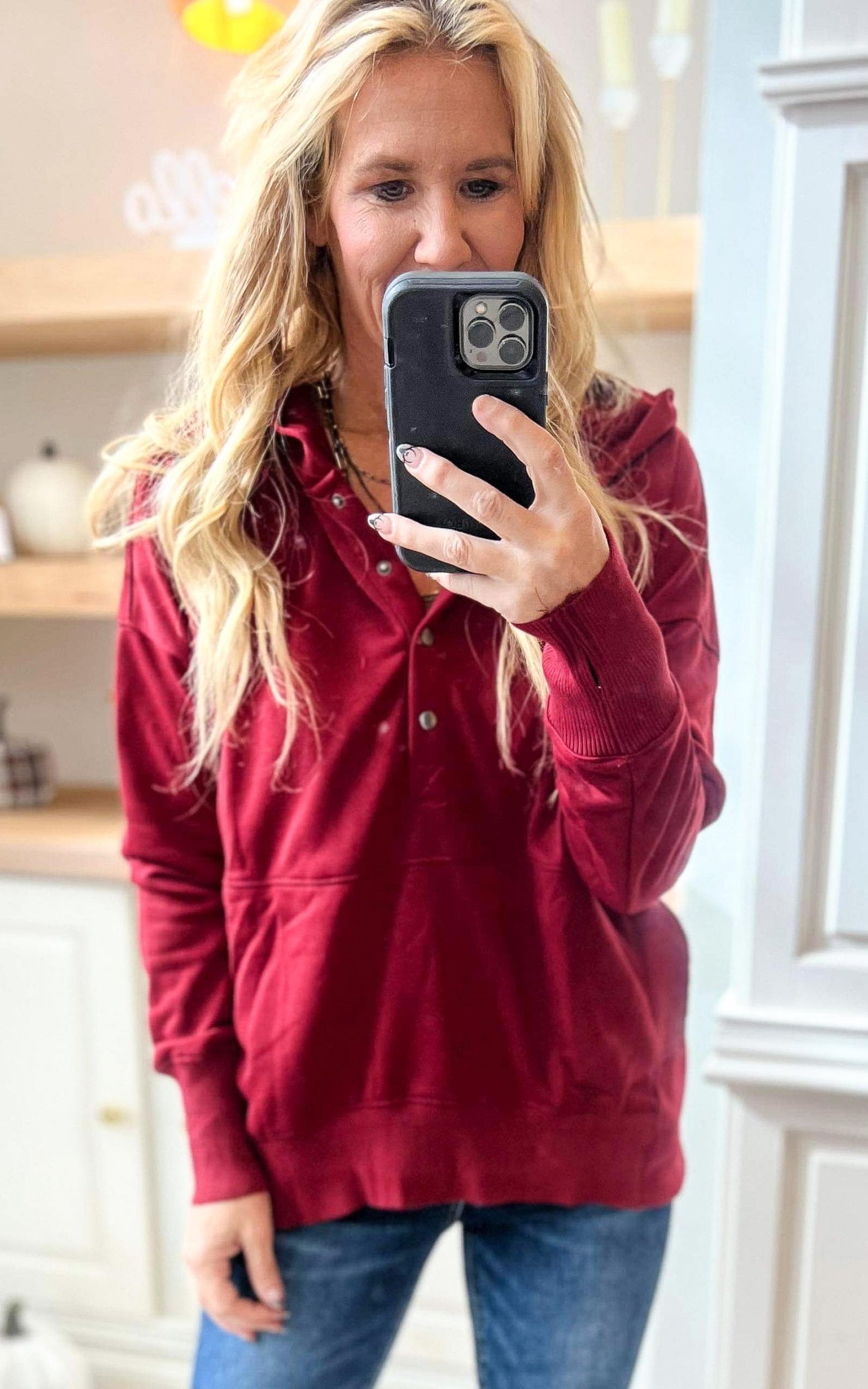 Burgundy Oversized Drop Shoulder Half Button Knit Hoodie - Final Sale