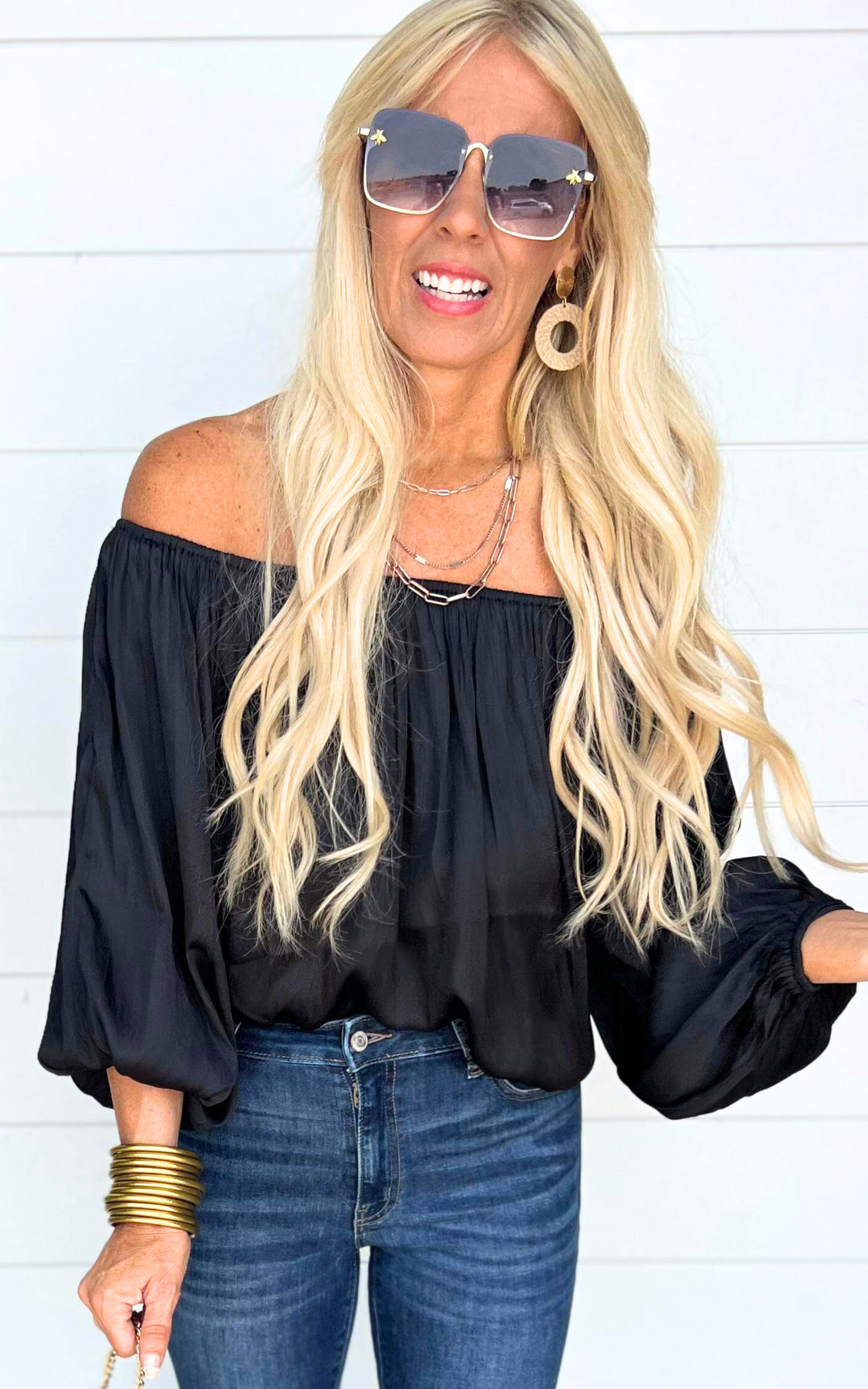 Off the Shoulder Peasant Top - Black