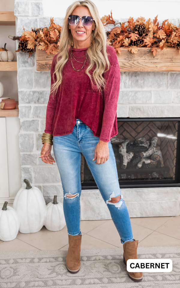 Washed Ribbed Dolman Long Sleeve Top