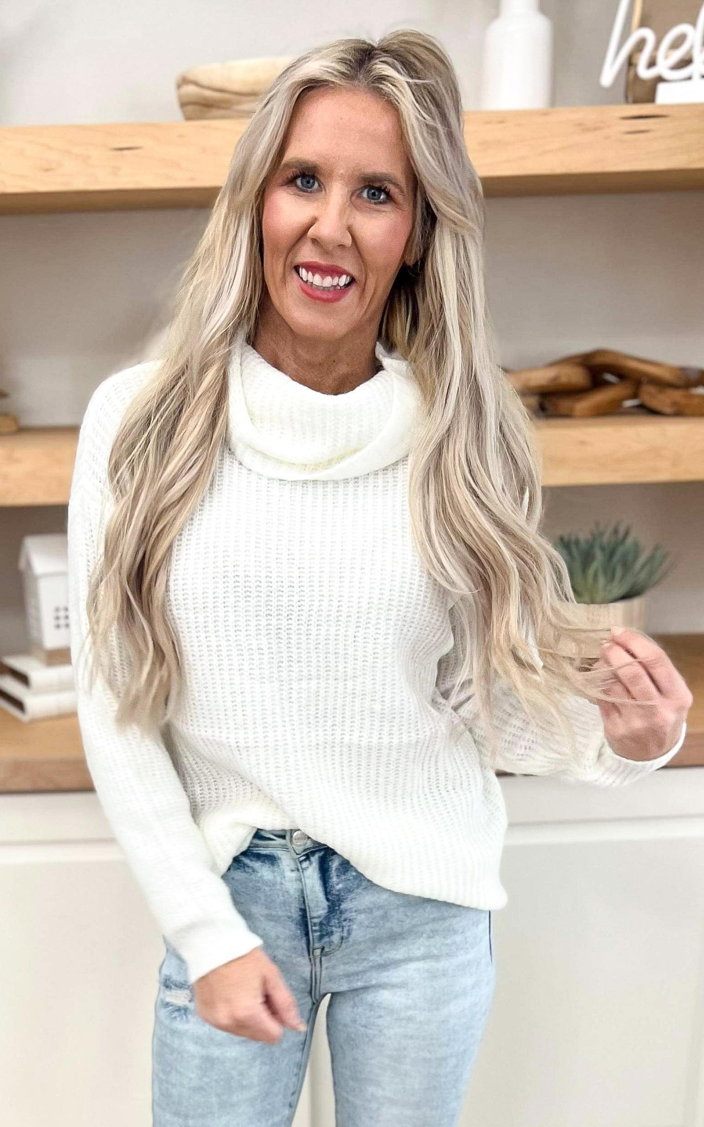 Ivory Back Cutout Ribbed Turtleneck Sweater