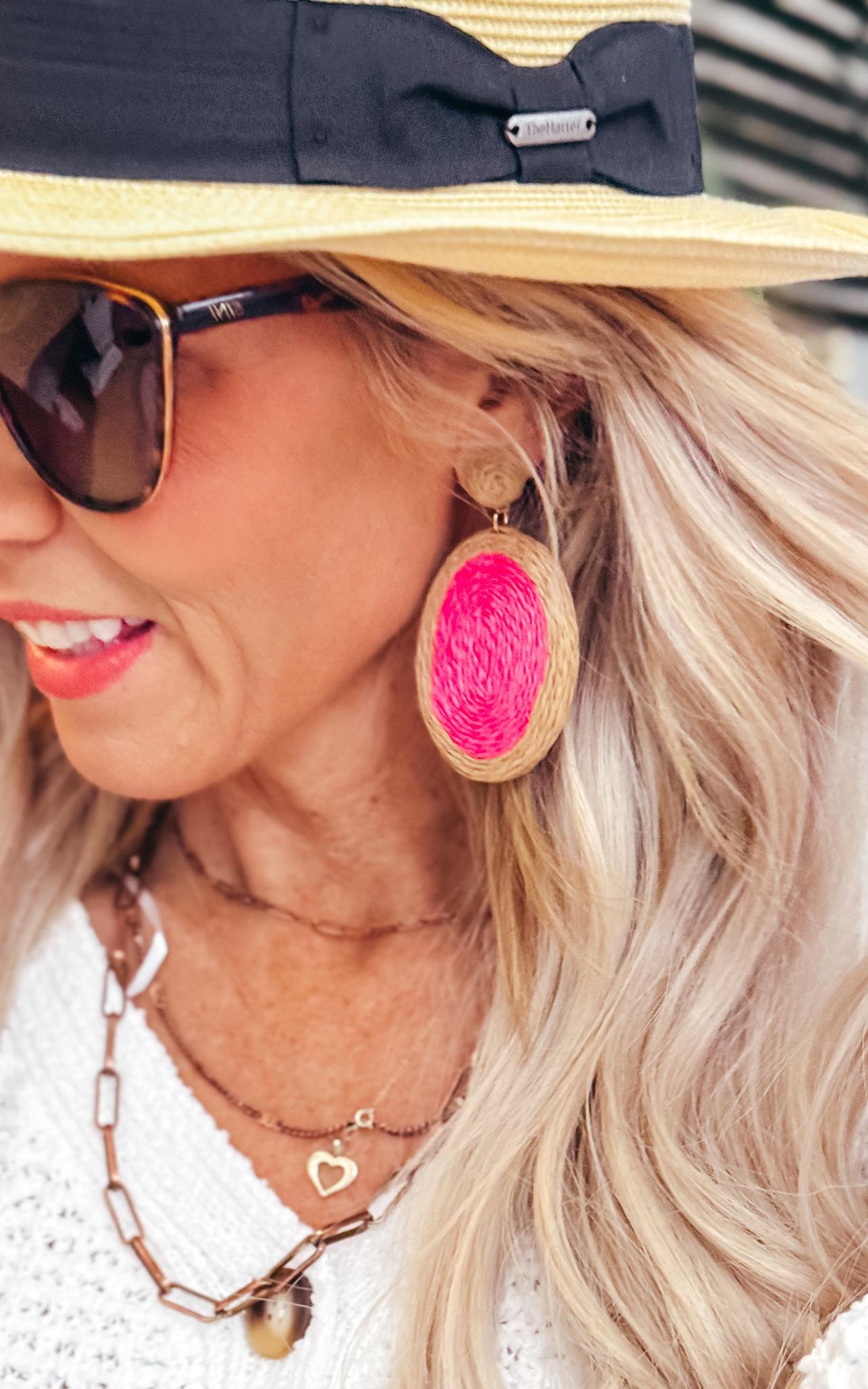 Hot Pink Raffia Oval Earring