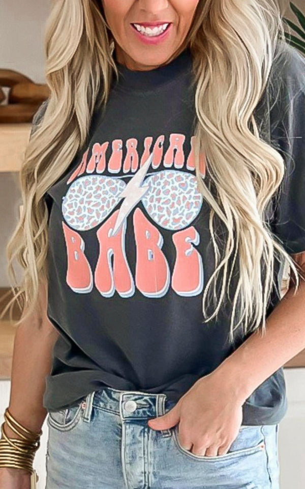 Charcoal AMERICAN BABE Garment Dyed Graphic T-shirt