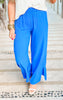 Blue Textured Side Slit Wide Leg Pants