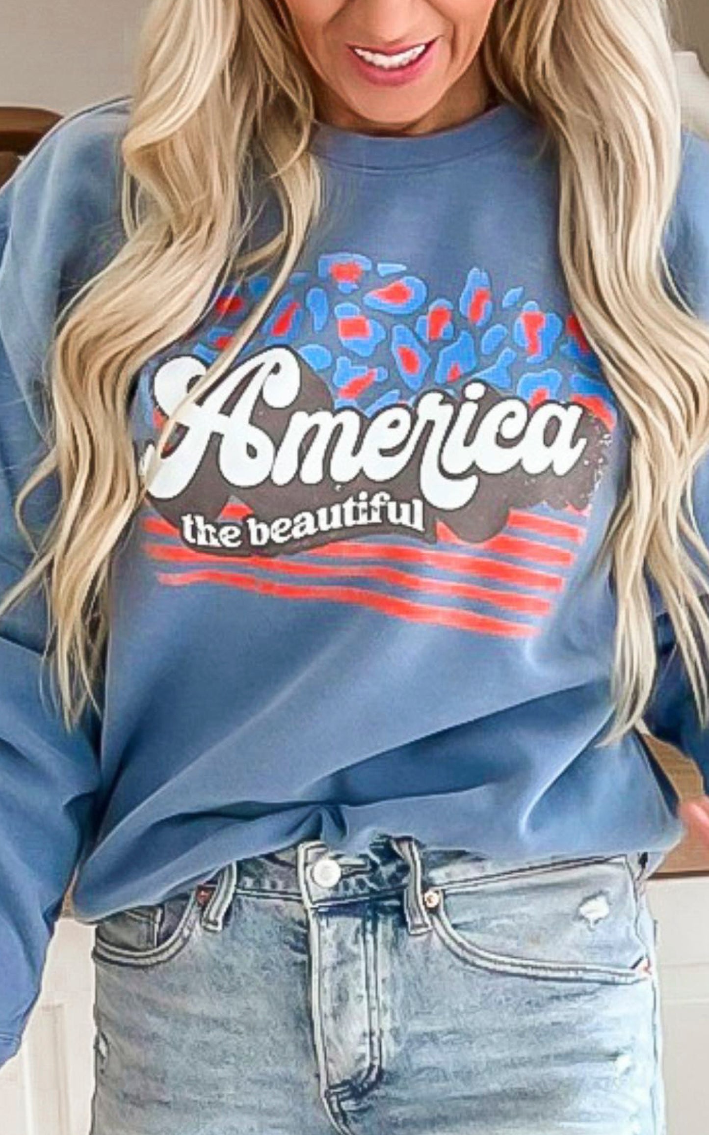 Navy America the Beautiful Graphic Crewneck Sweatshirt - DEAL