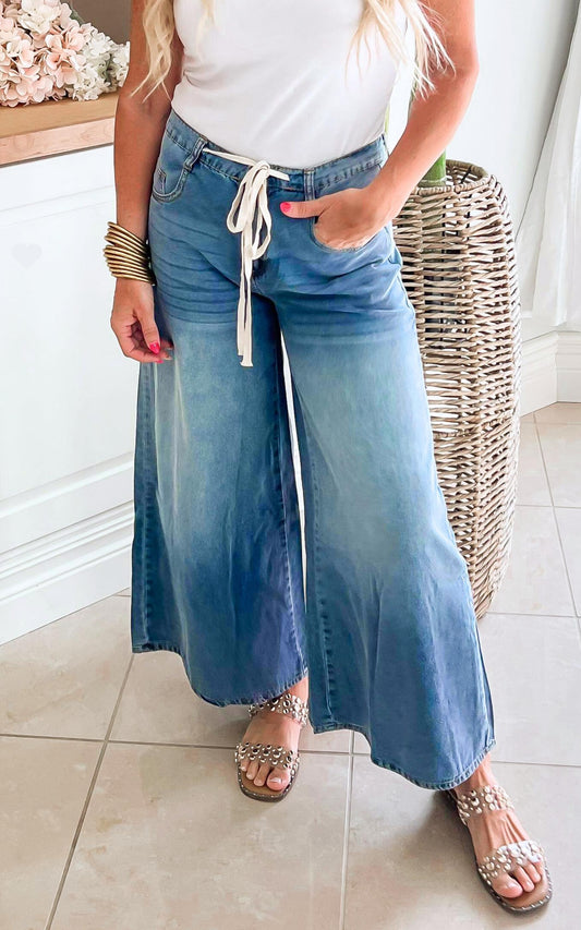 Drawstring Ombre Dyed Wide Leg Denim Pants - Final Sale