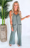 Spring Garden Olive Washed Gauze Wide Leg Jumpsuit - Final Sale