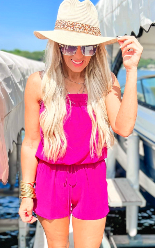 Solid Drop Waist Strapless Romper - Fuchsia