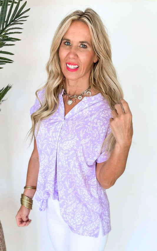 The Lizzy Always Ready Lavender Short Sleeve Floral Blouse Top - Final Sale