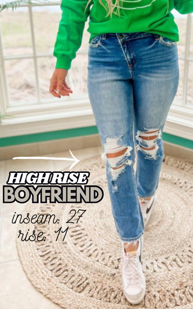 High Rise Boyfriend Criss Cross Denim Jeans - Mica