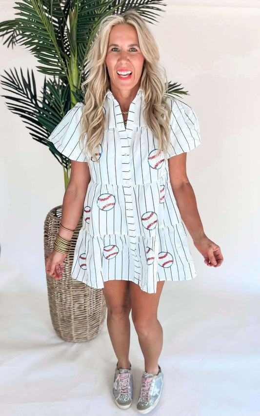 Striped Poplin Sequin Baseball Dress