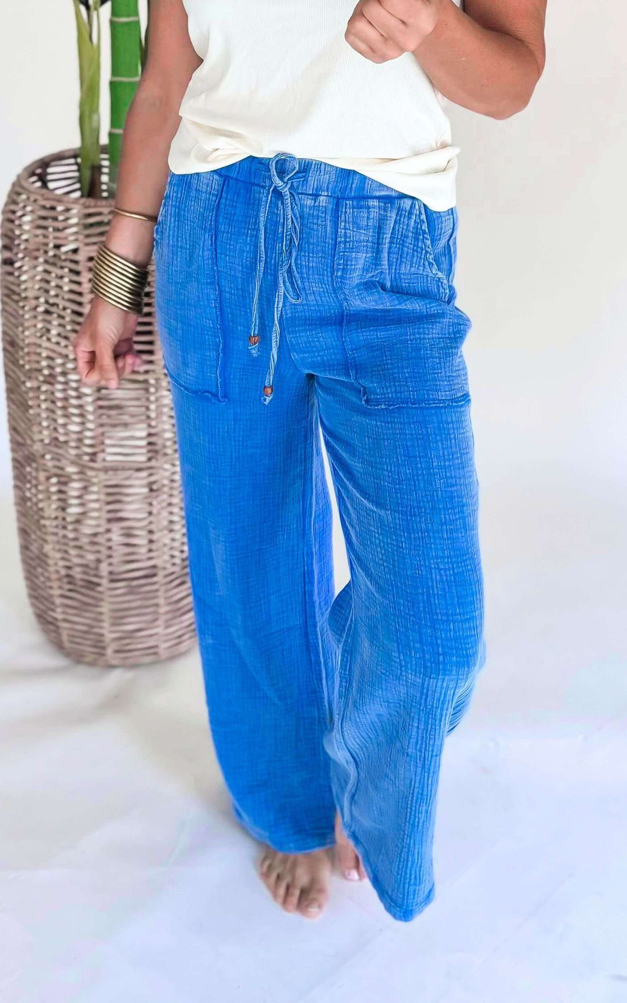 Cobalt Blue Textured Wide Leg Pants - Final Sale