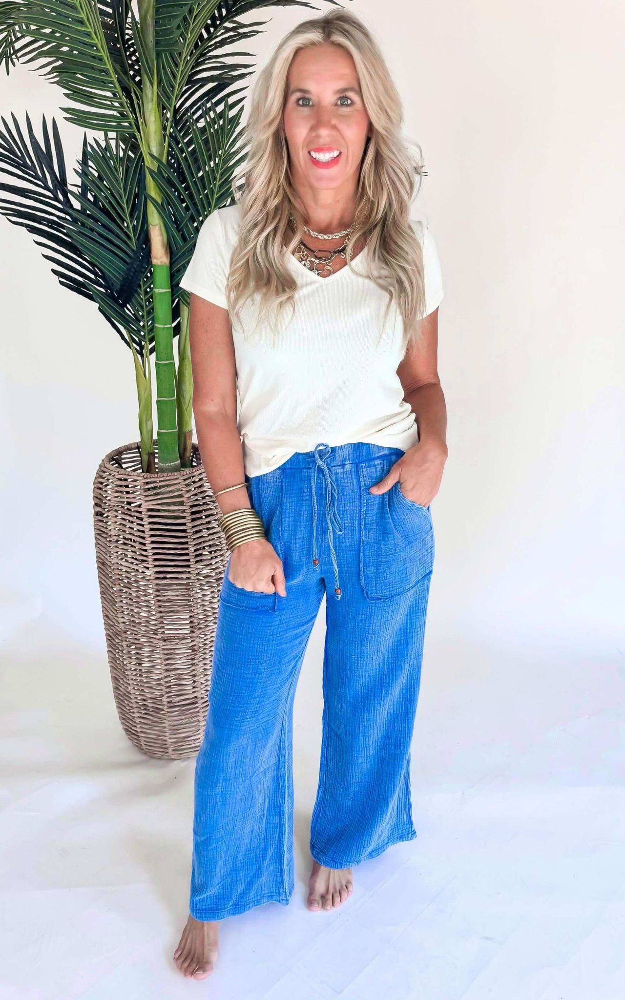 Cobalt Blue Textured Wide Leg Pants - Final Sale