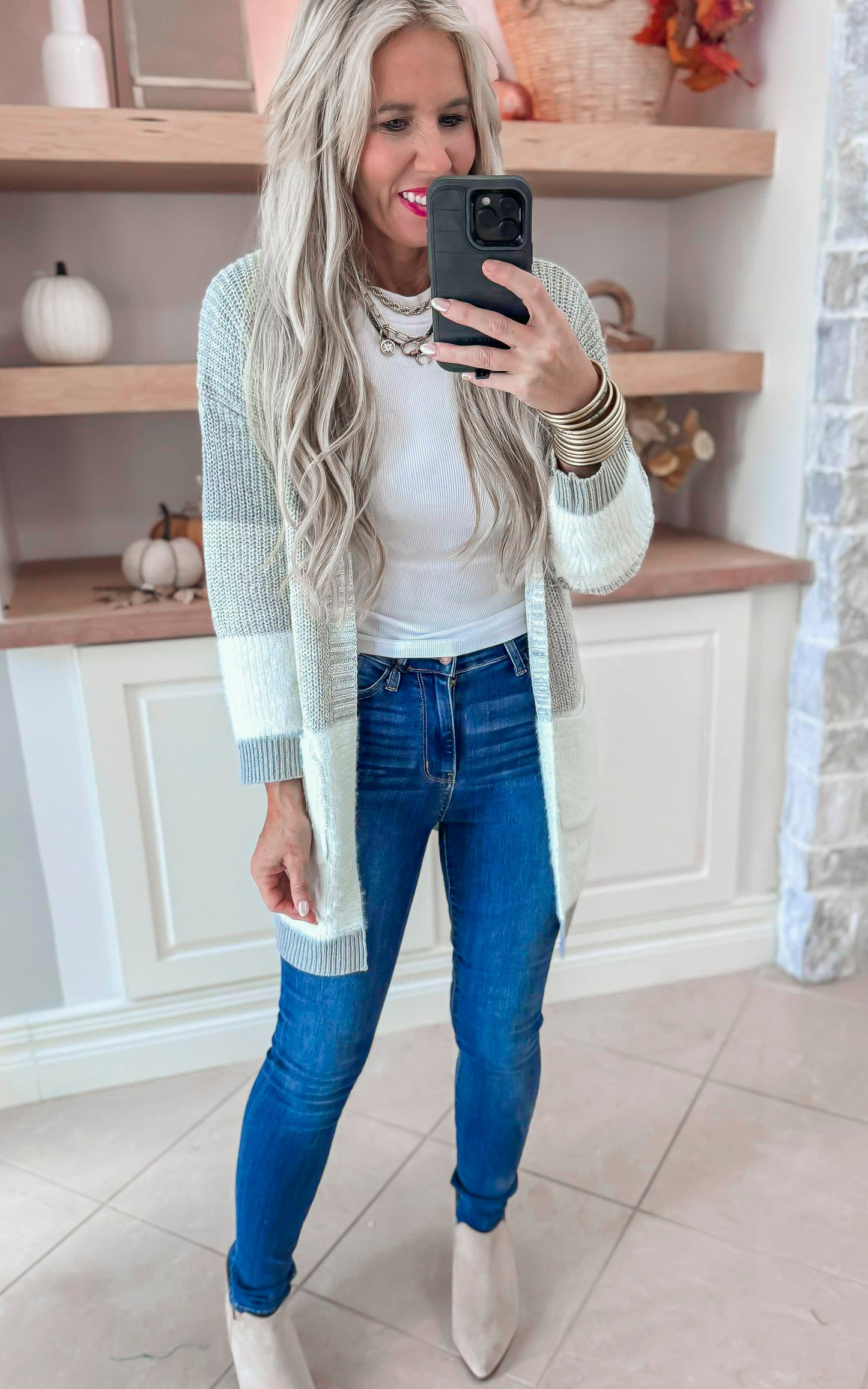 Grey Ombre Striped Long Sweater Cardigan