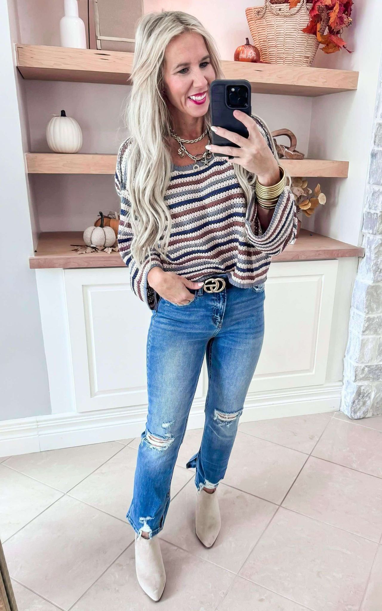 Taupe Crochet Lace Striped Crop Sweater Top