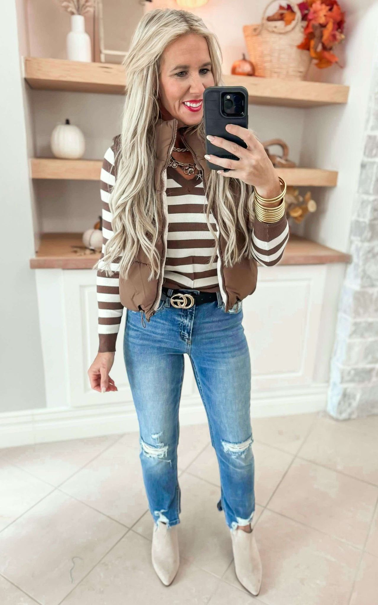 Coffee Cream Striped V-Neck Sweater - DEAL