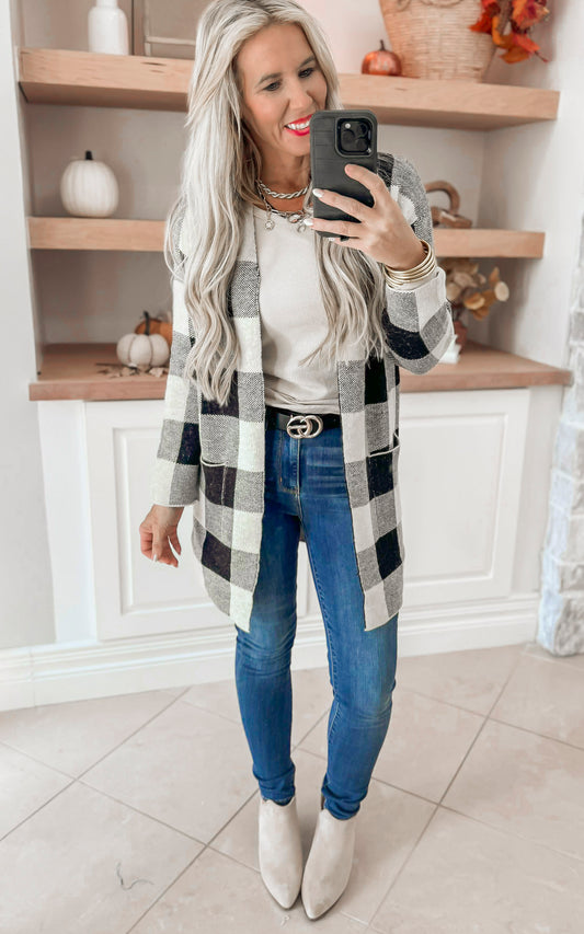 Black Oatmeal Checked Long Cardigan