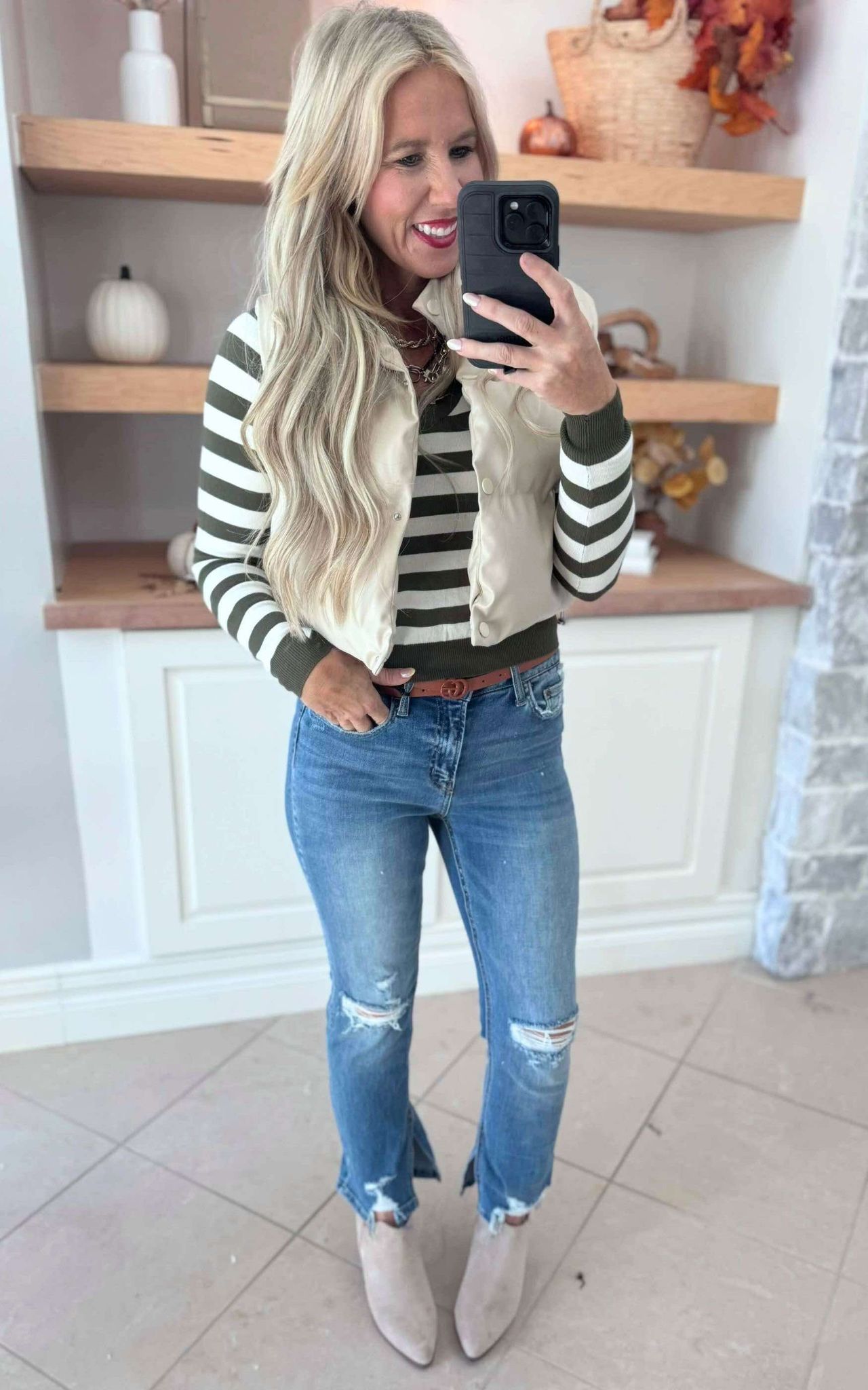 Olive Cream Striped V-Neck Sweater - DEAL