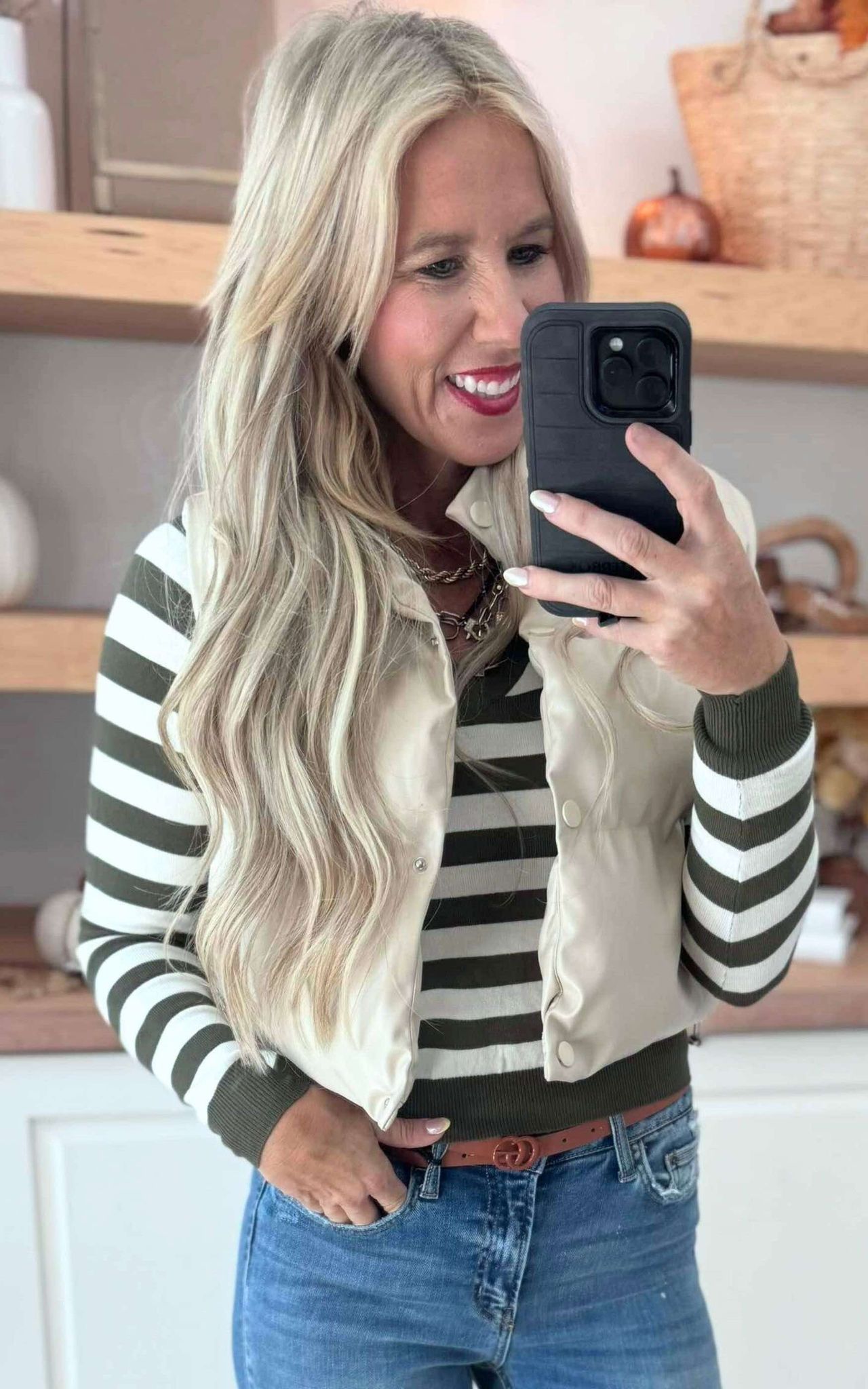 Olive Cream Striped V-Neck Sweater - DEAL