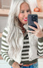 Olive Cream Striped V-Neck Sweater - DEAL