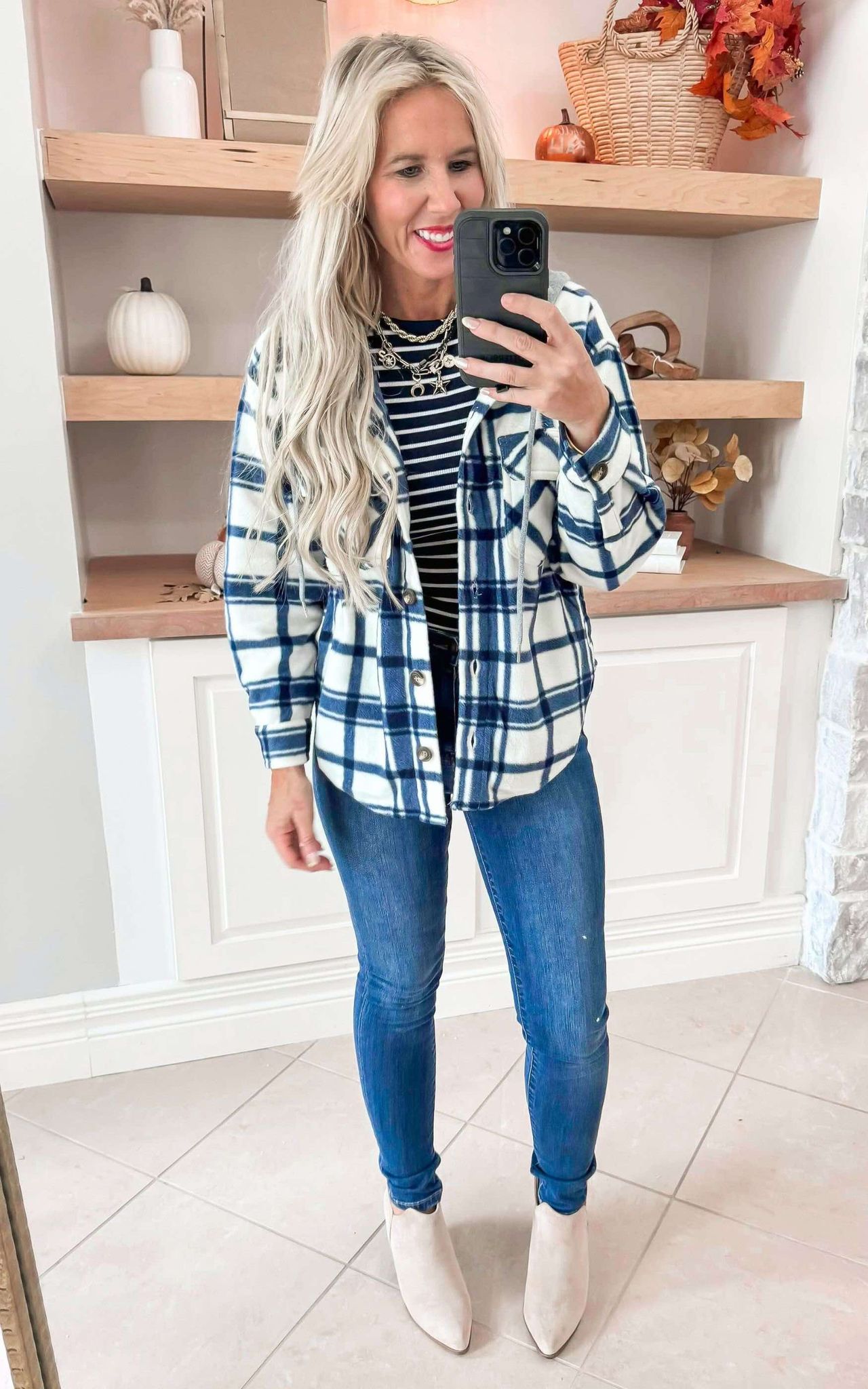 Ivory Navy Plaid Print Hoodie Fleece Shacket