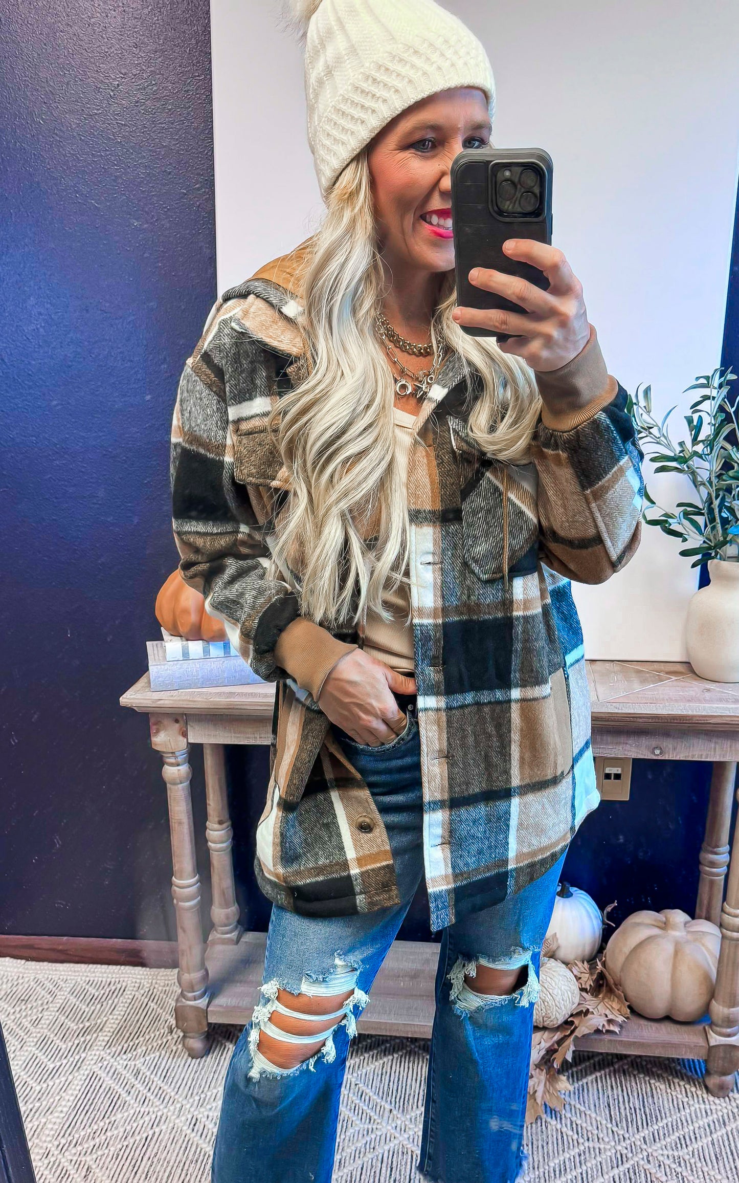 Smores and Bonfire Nights Plaid Hooded Shacket