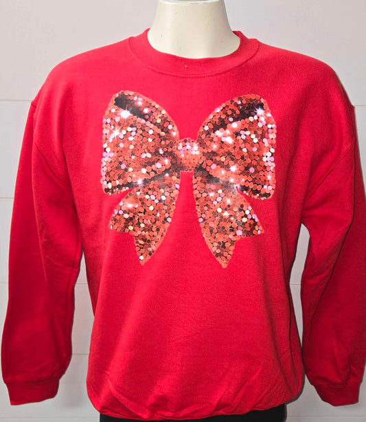 Red Sparkle Holiday Bow Graphic Crewneck Sweatshirt