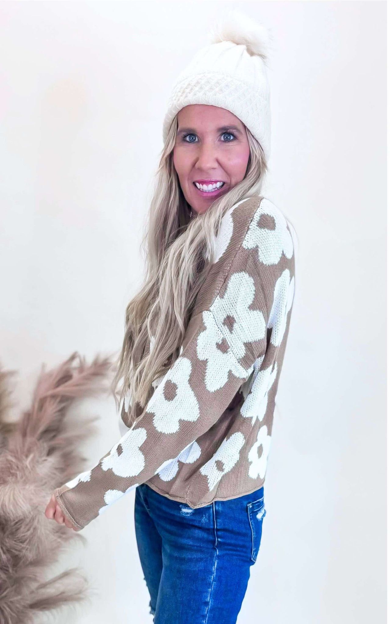 Khaki Floral Sweater Knit Top