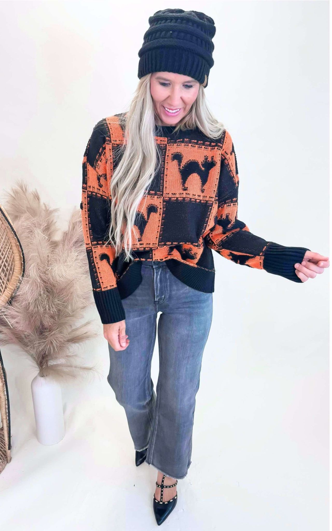 Halloween Black Cat Square Pattern Loose Fit Sweater