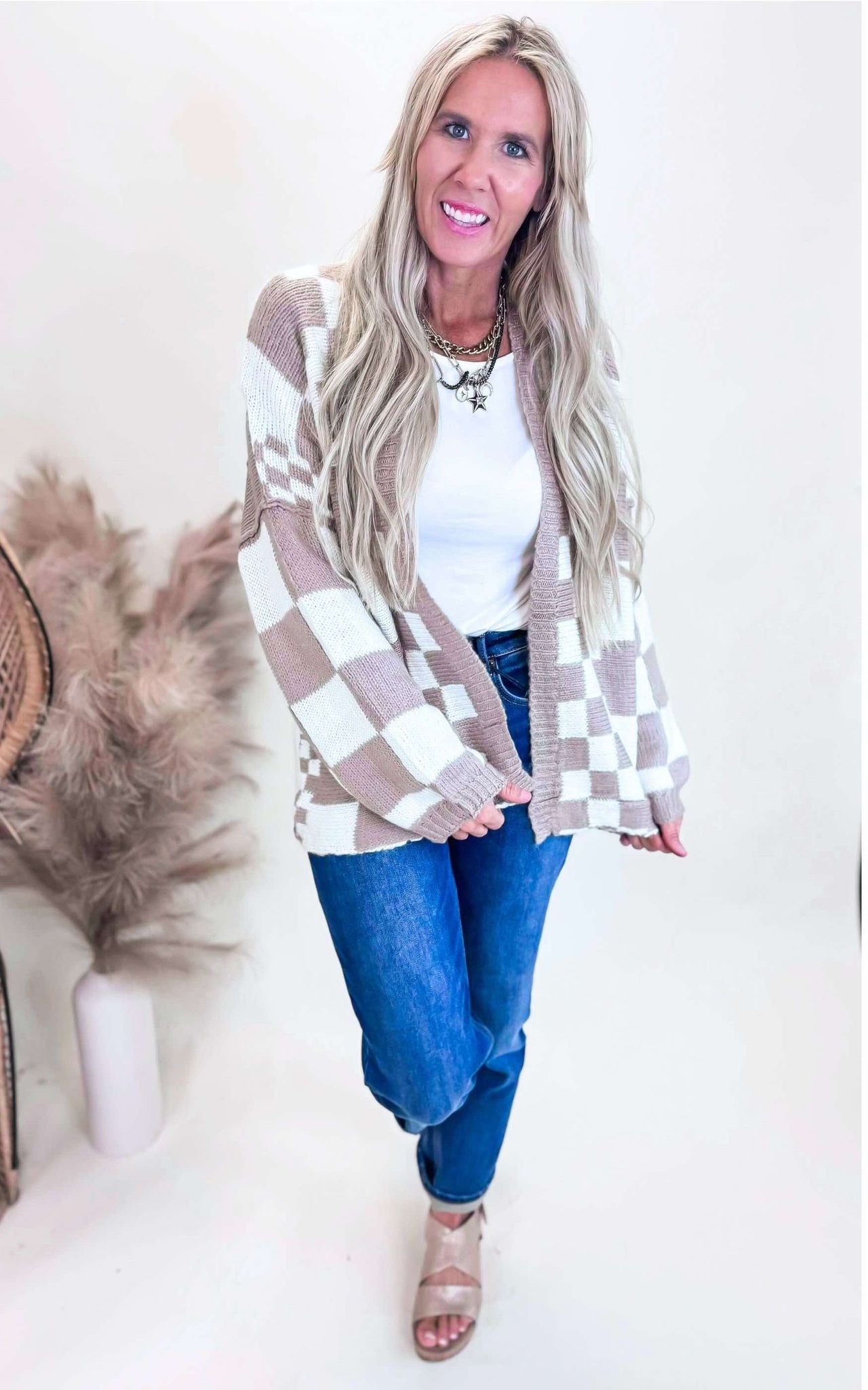 Mocha Checkered 2-Tone Cardigan