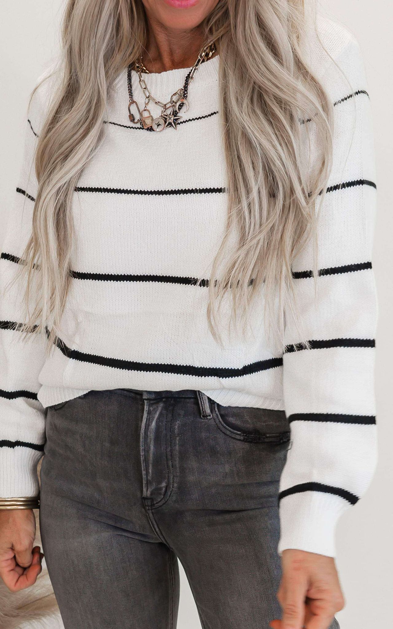 White Striped Lightweight Cable Knit Sweater Top