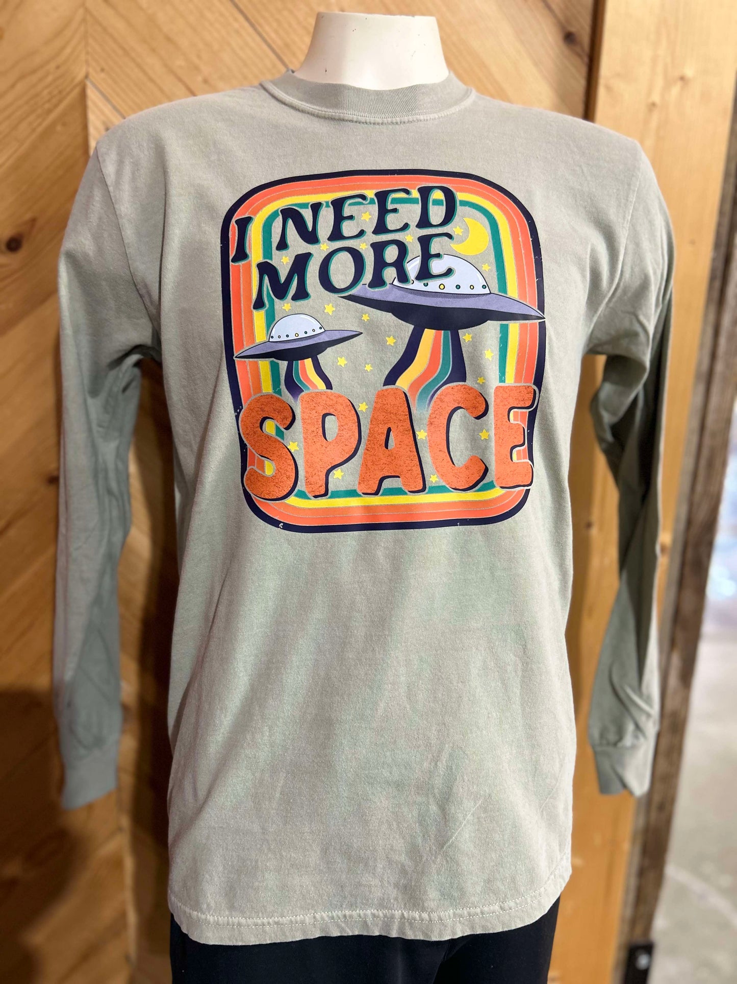 I Need More Space Garment Dyed Long Sleeve Graphic Top