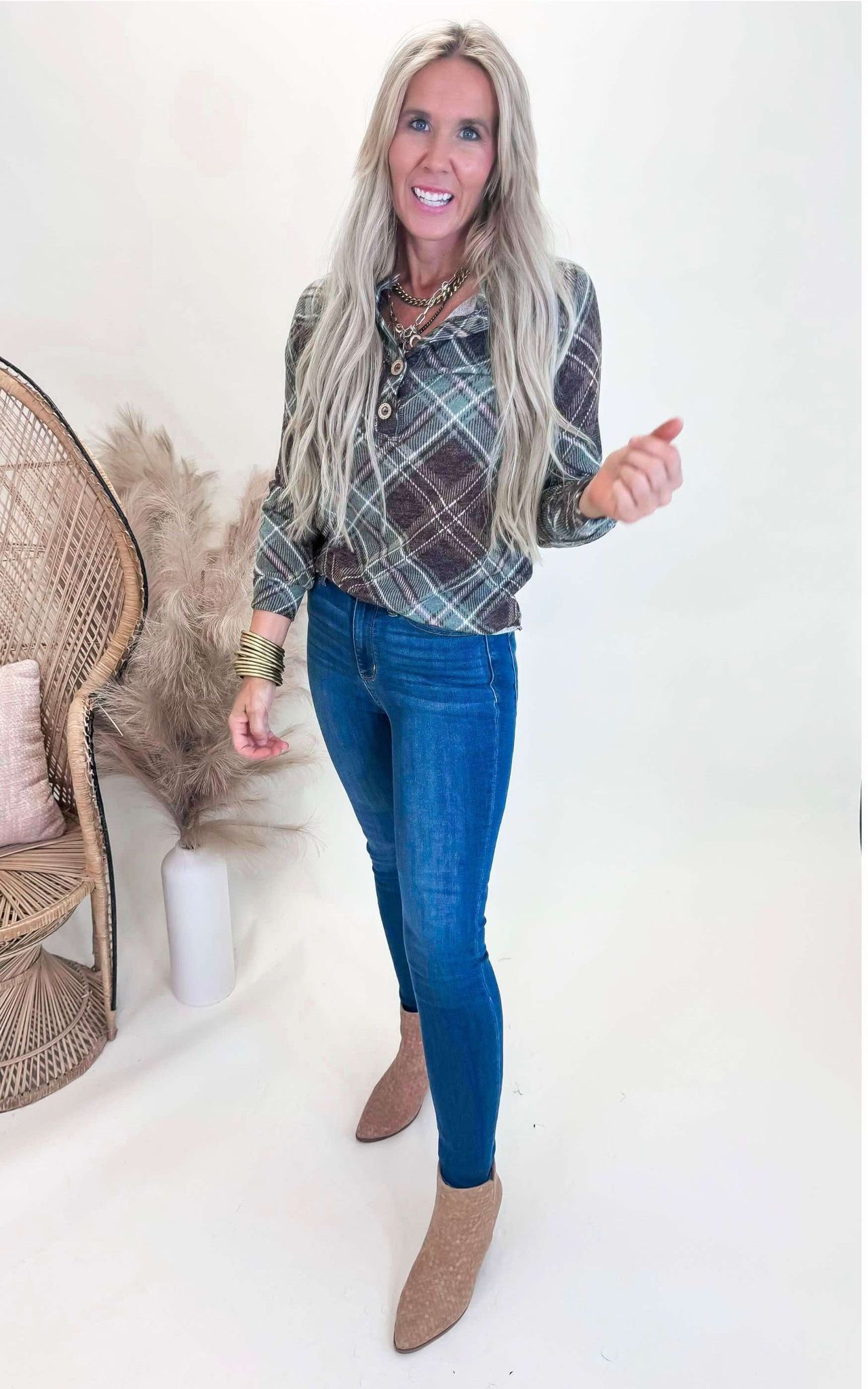 Plaid Puff Sleeve Long Sleeve Top