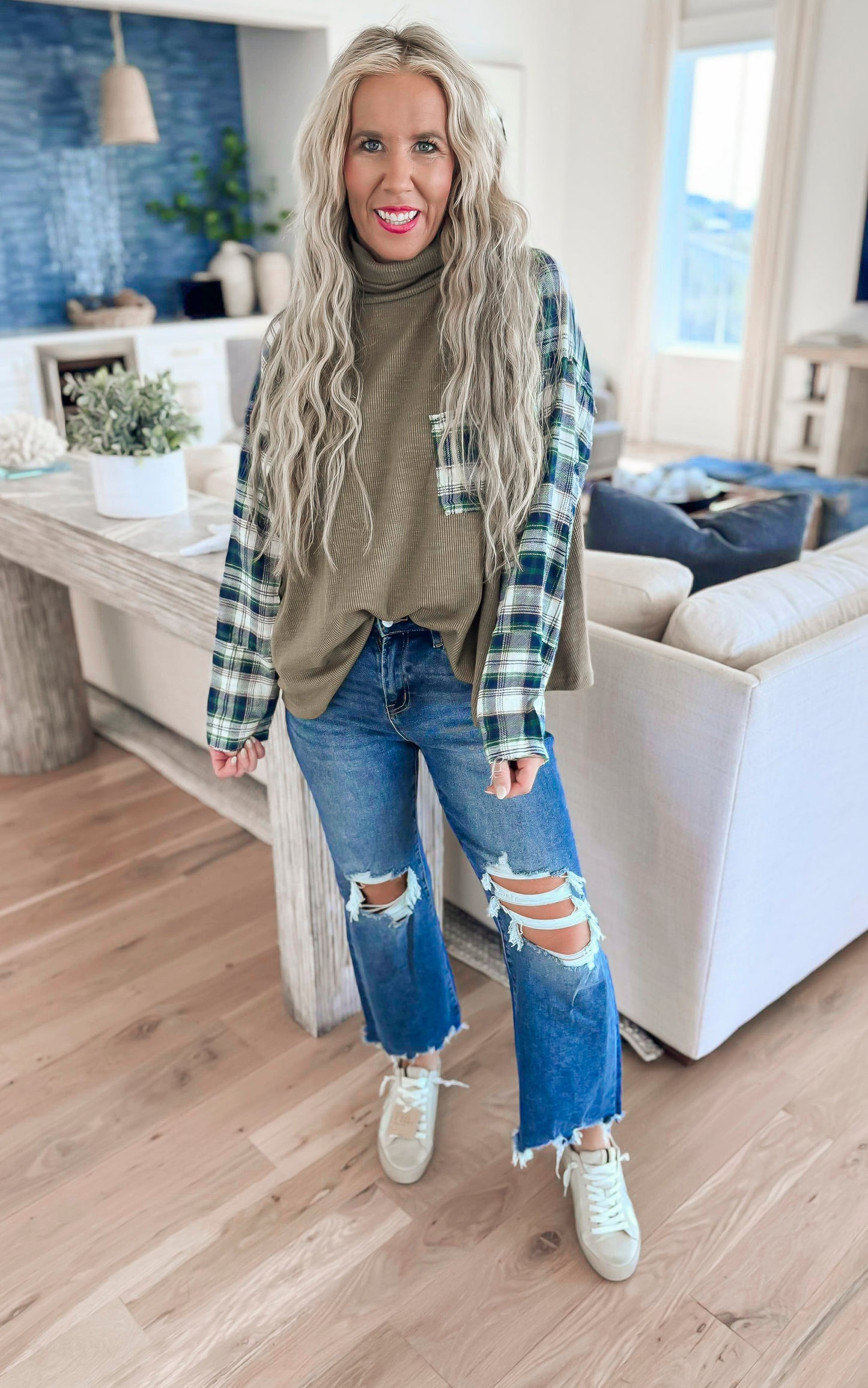 Turtleneck Plaid Contrast Long Sleeve Top | POL