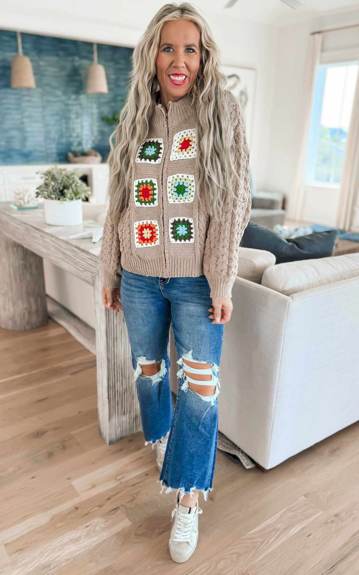 Hand Knit Square Patches Sweater Jacket | POL