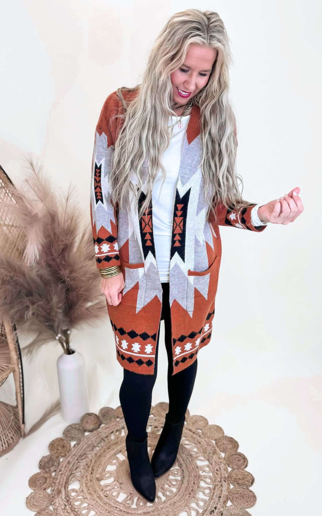 Rust Tribal Geometric Print Long Cardigan