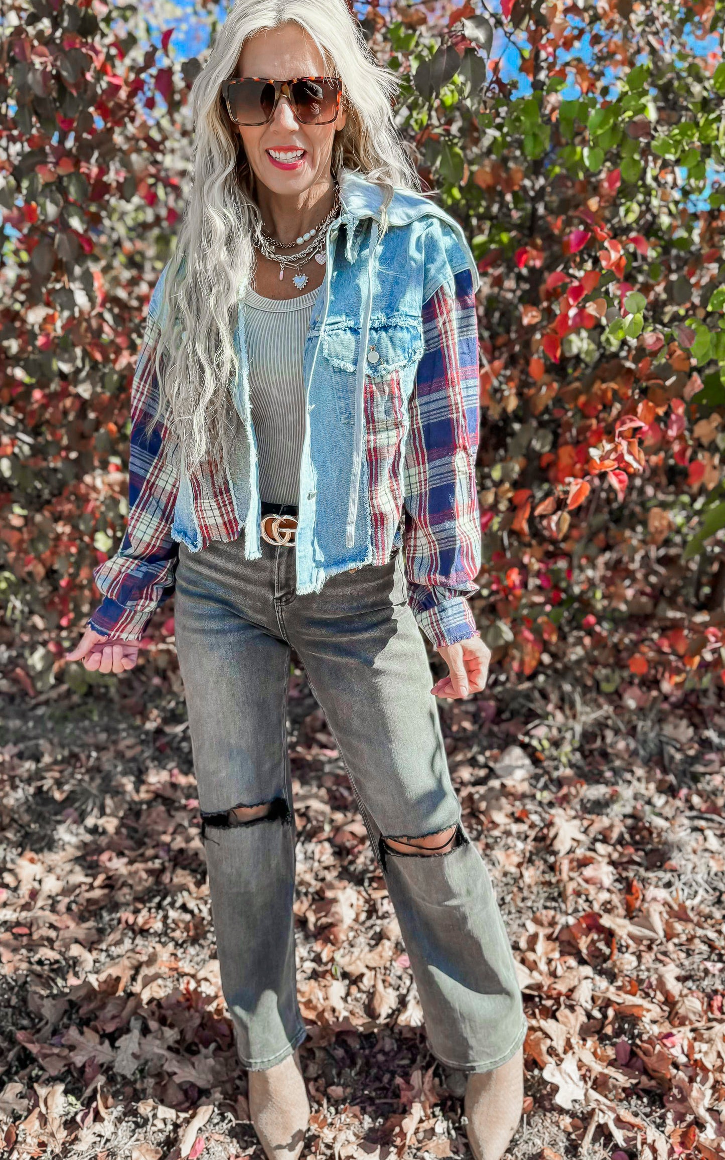 Washed Plaid Sleeve Hood Denim Jacket *PREORDER