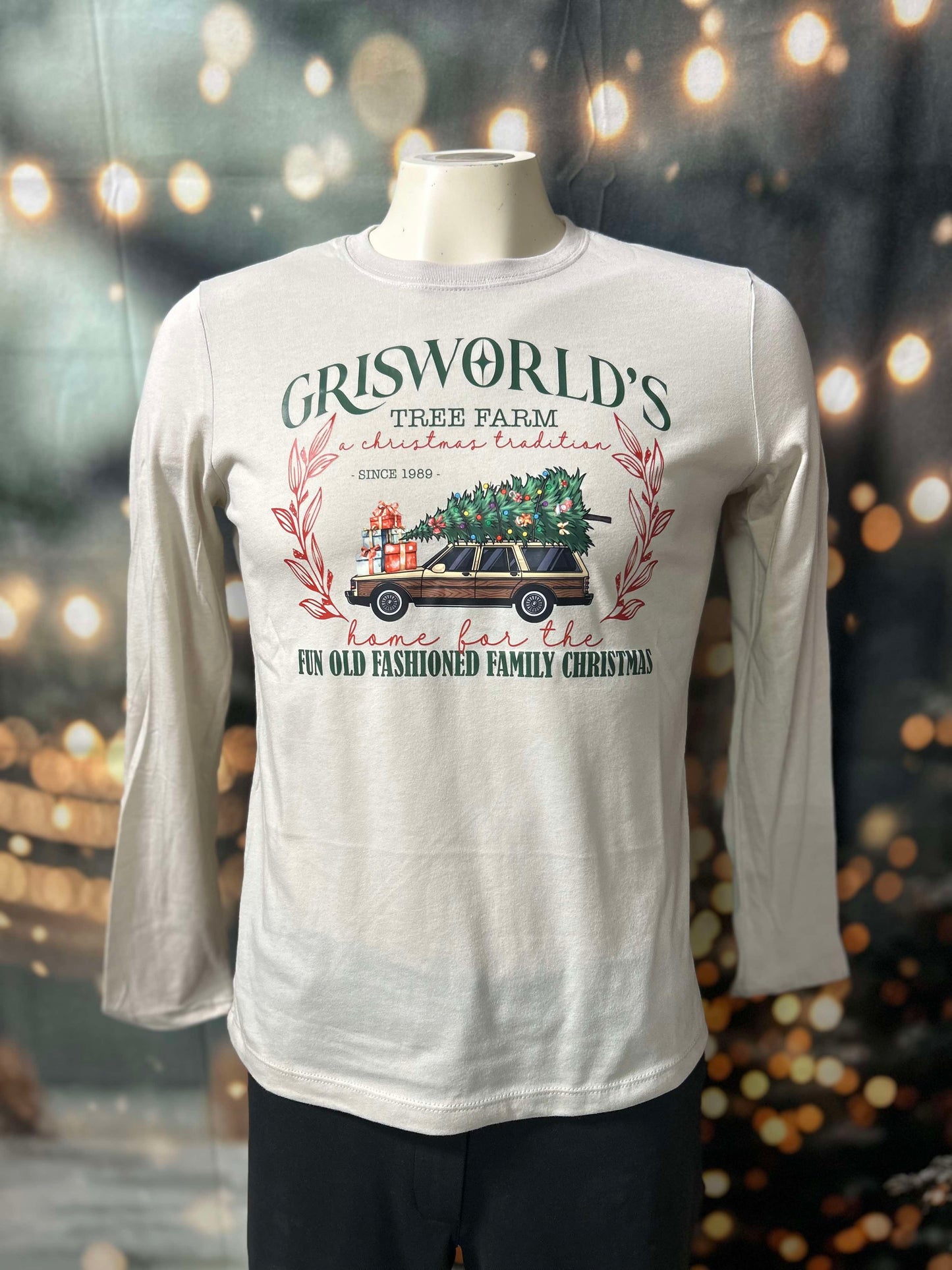 Grisworld's Tree Farm Holiday White Long Sleeve Graphic Top