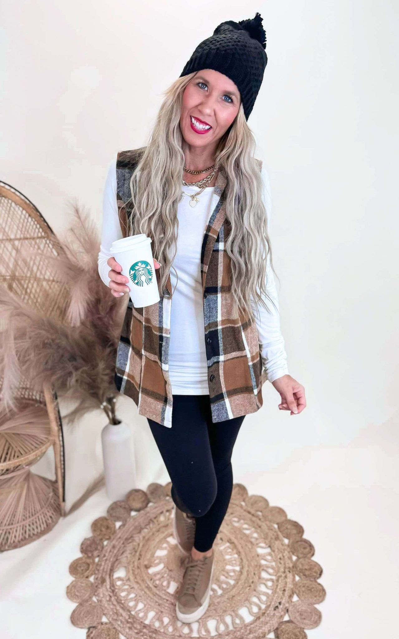 Plaid Lapelle Collar Button Up Vest Coat