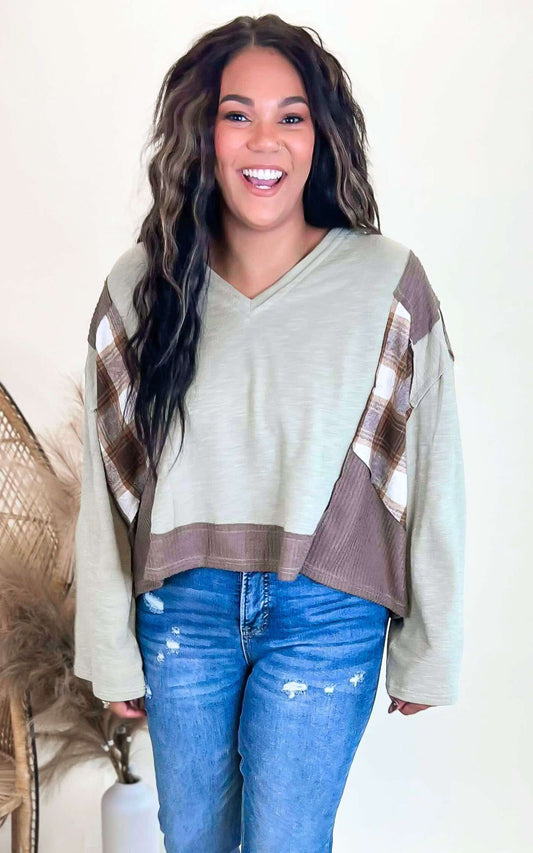 Olive Plaid Contrast V-Neck Long Sleeve Top | POL