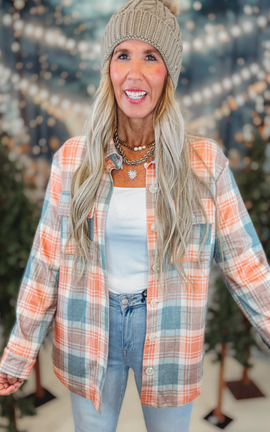 Forever Favorite Plaid Shacket in Orange Green Mocha #4 | Salty Wave  **DEAL