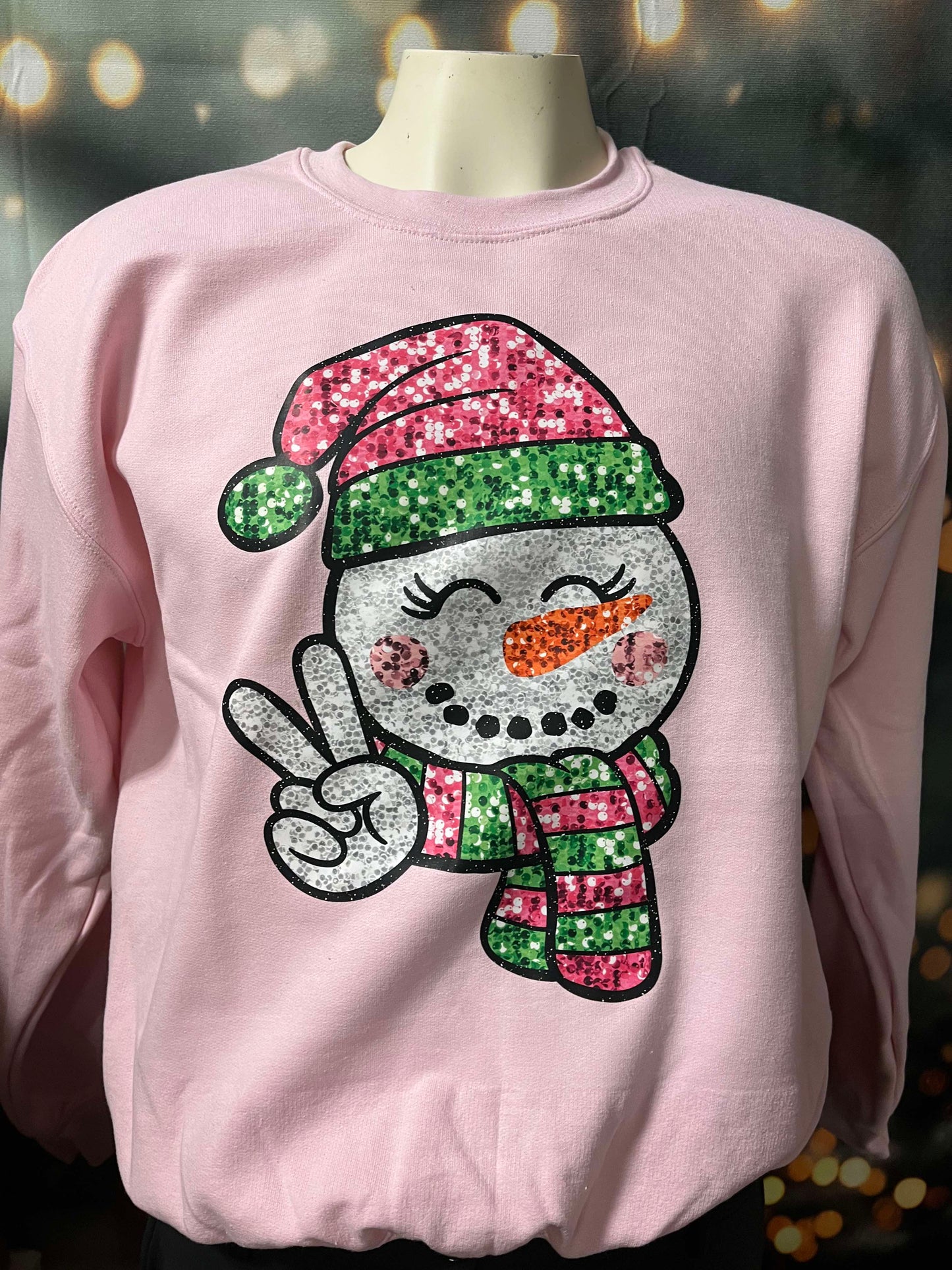 Sparkly Snowman Holiday Pink Graphic Crewneck Sweatshirt