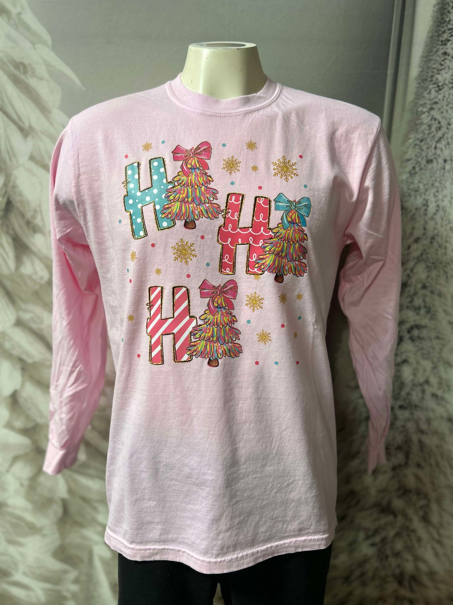 Pink HO HO HO Garment Dyed Long Sleeve Graphic Top