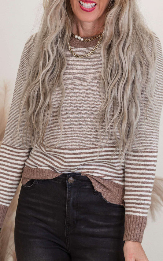 Mocha MultiStriped Crewneck Sweater