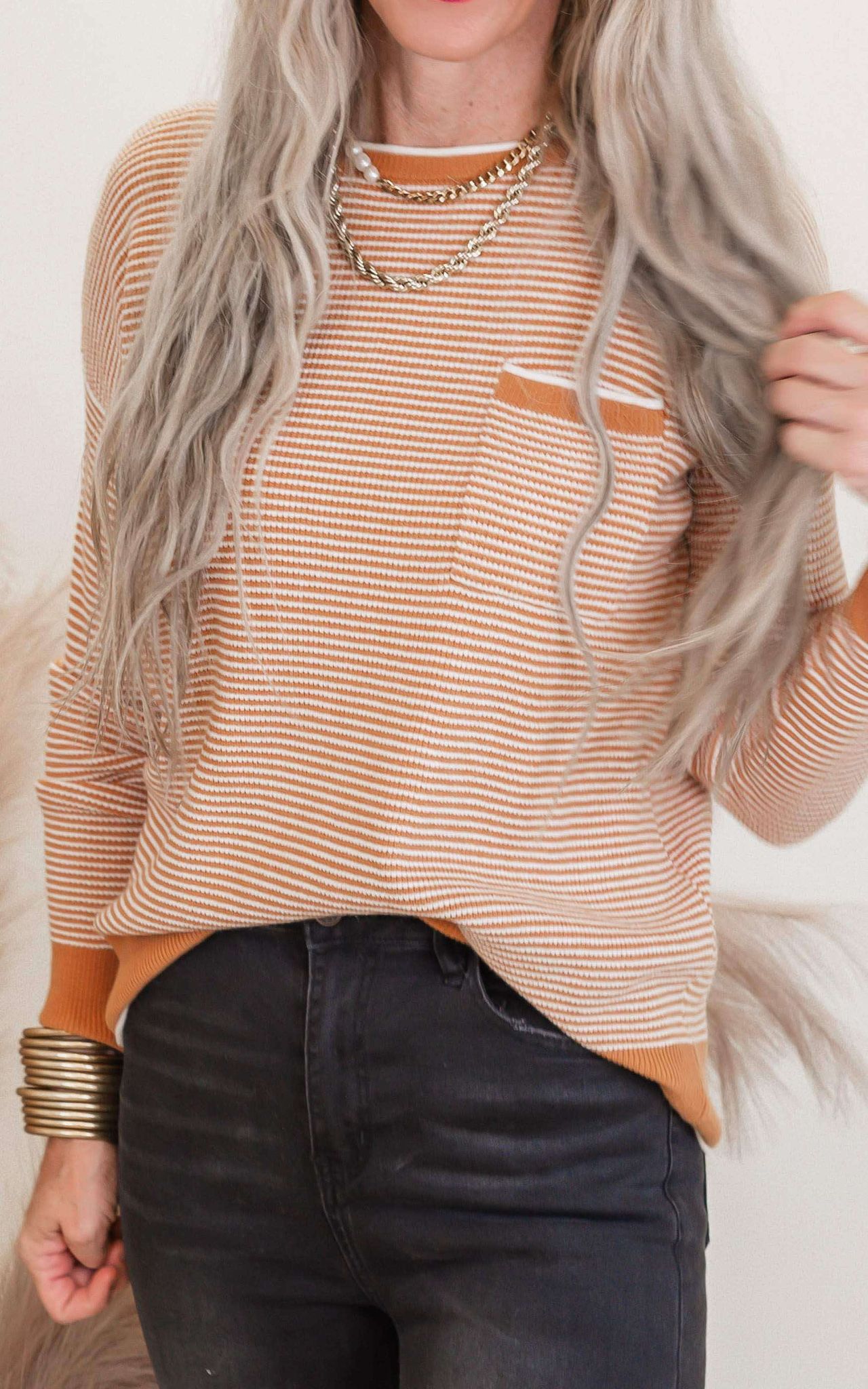 Marigold Waffle Textured Long Sleeve Sweater Top